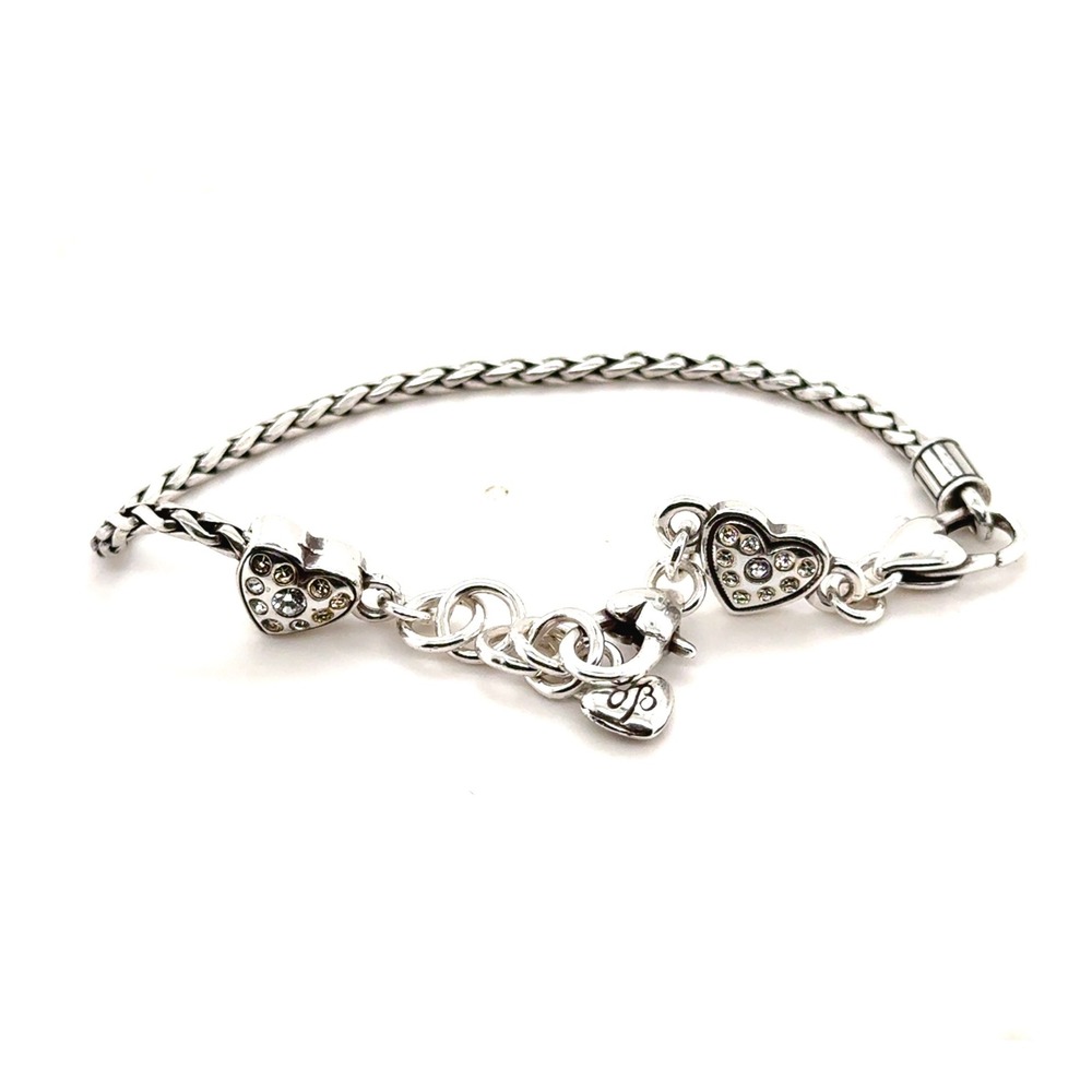 Brighton‎ Silver Tone Braided Wheat Chain Crystal Heart Charm Bracelet 7.5 Inch